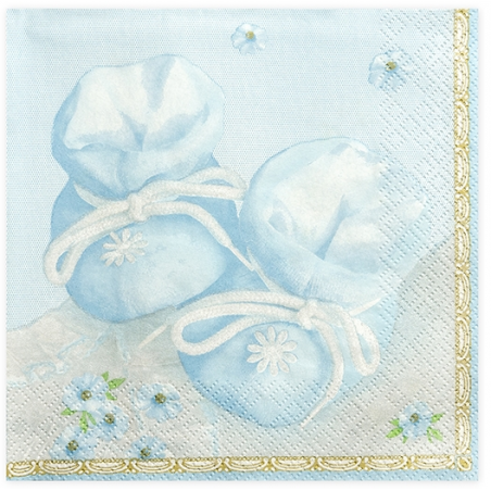 Grandes Serviettes Premium Papier Bleu Avec motifs chaussons de Bébé et fleurs