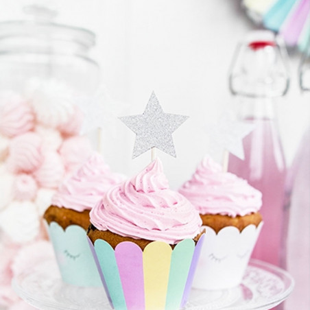 6 Piques Cup Cakes Etoiles Glitter Argent - Sweet table