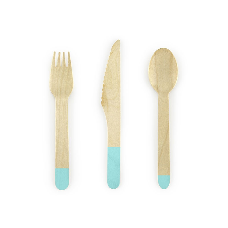 18 Couverts en Bois Bleu Clair Vaisselle Jetable de Fête