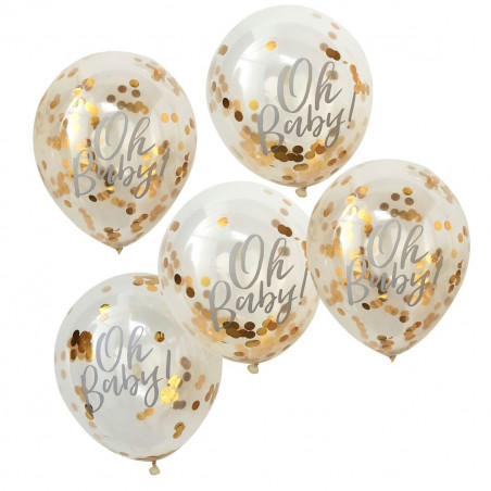 5 Ballons Oh Baby avec Confettis Dorés Premium Fête