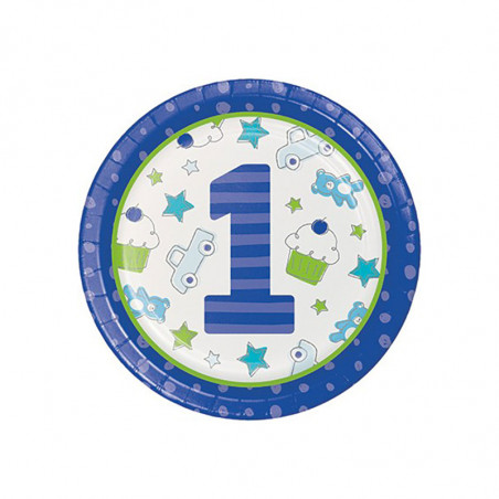 Grandes Assiettes Jetables Premier Anniversaire Bleu et Vert - Garçon