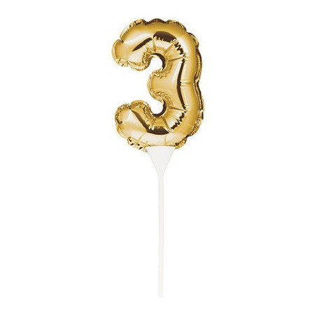 Mini Ballon Chiffre Autogonflable 3 - Décor pour gâteau Doré Mylar