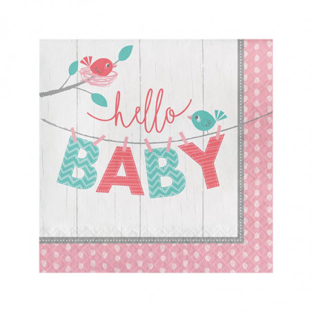 Serviettes en Papier Hello Baby - Petit Oiseau Rose