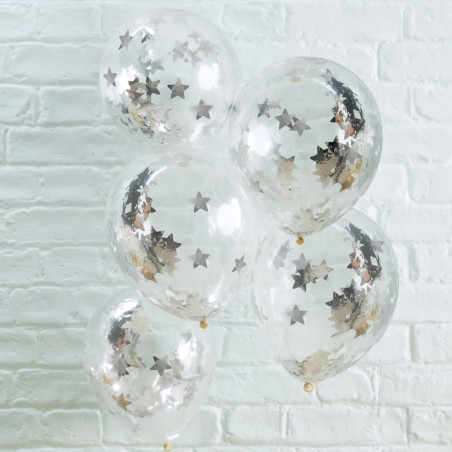 5 Ballons Gonflables Latex Confettis Etoiles Argentées Premium Fête