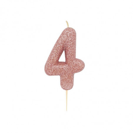 Bougie Chiffre Quatre Glitter Rose Cuivré Rose Gold Anniversaire