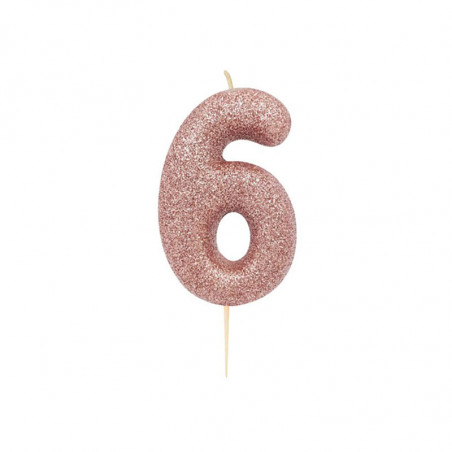 Bougie Chiffre Six Glitter Rose Cuivré Rose Gold Anniversaire