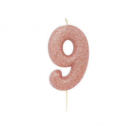 Bougie Chiffre Neuf Glitter Rose Cuivré Rose Gold Anniversaire