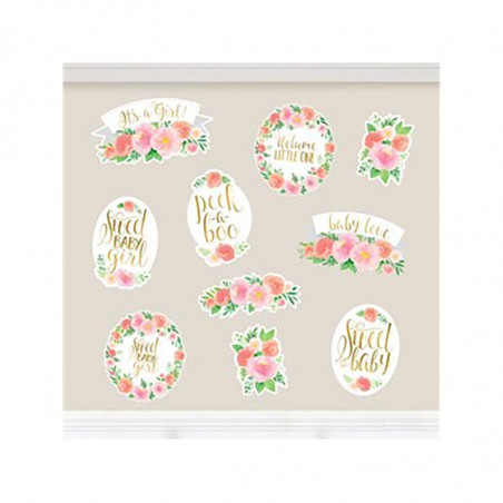 12 Décorations Papier Sweet Baby Girl Motifs Liberty Fleurs Roses Vintage