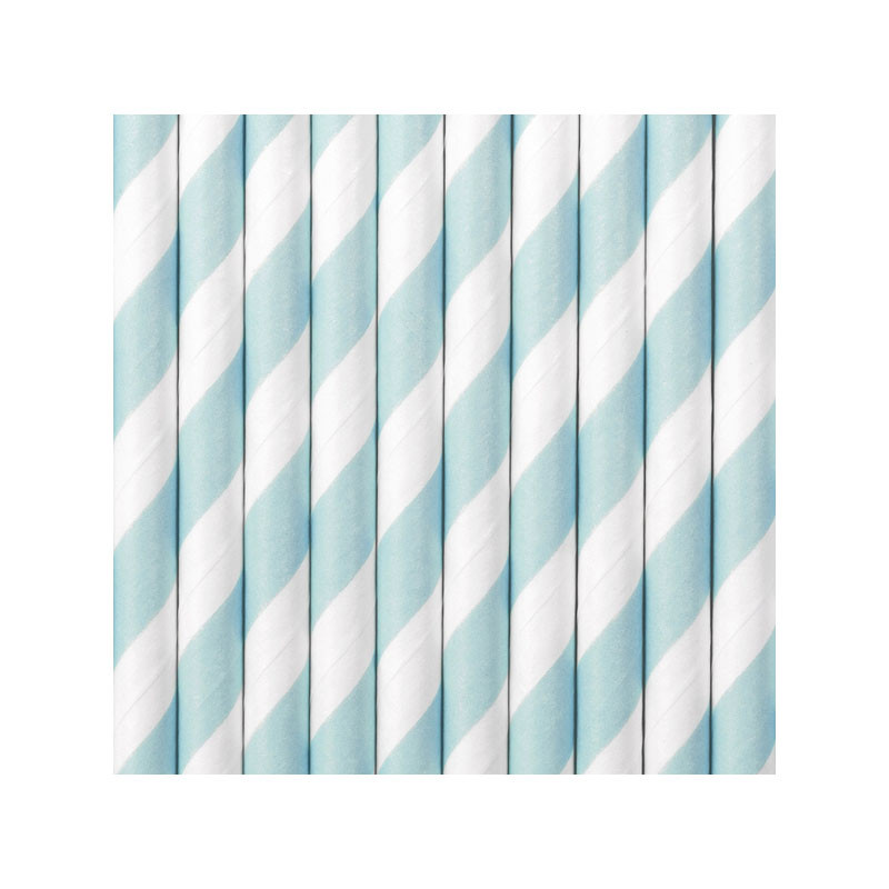 10 Pailles Rétro Rayées Bleu Pastel et Blanc