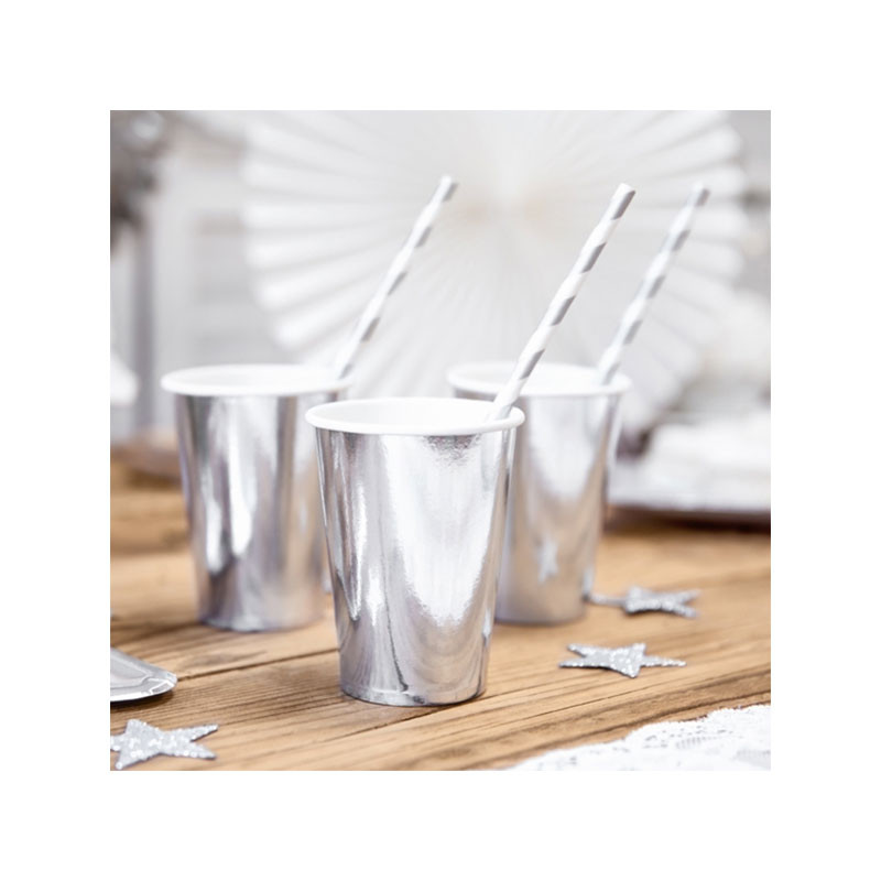 Verres Jetables en Papier Gris Argenté Ultra Brillant