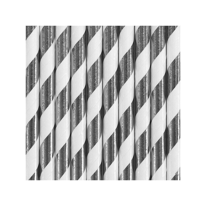 10 Pailles Rétro Rayées argent brillant et Blanc