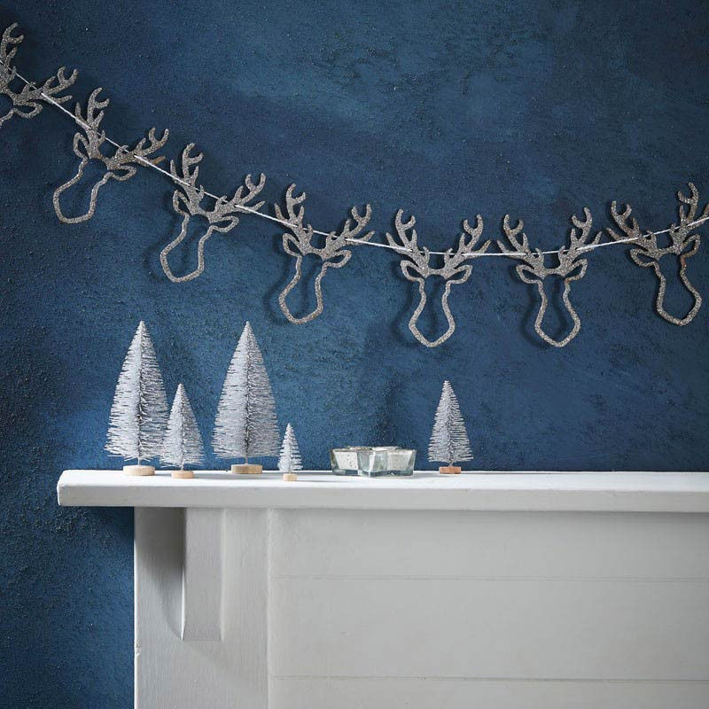 Banderole Tête de Renne Fanions Bois Glitter Argent