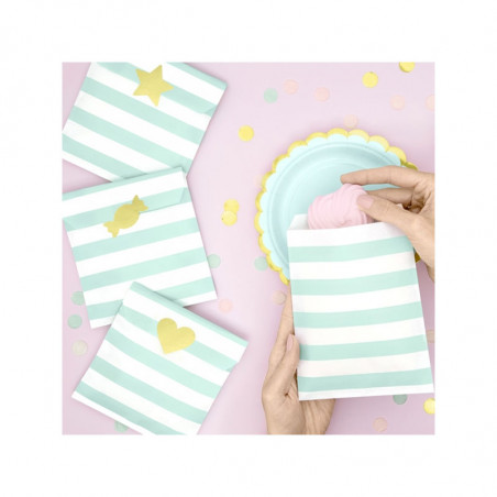 6 Sachets En Papier Rayés Vert Pastel Mint & Blanc - Cadeaux Invités