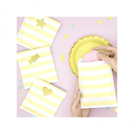 6 Sachets en Papier Rayés Jaune Pastel - Anniversaire pour Enfants