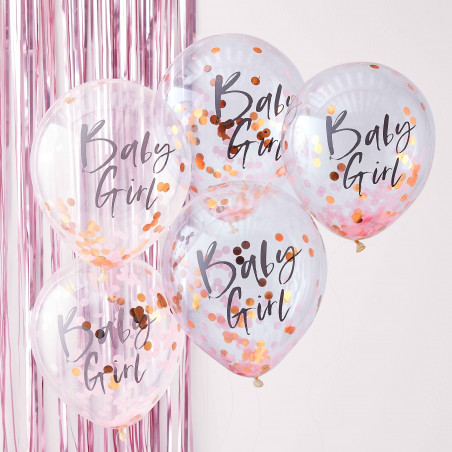 5 Ballons Confetttis Rose Gold et Rose Baby Girl