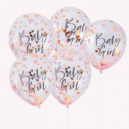 5 Ballons Confetttis Rose Gold et Rose Baby Girl