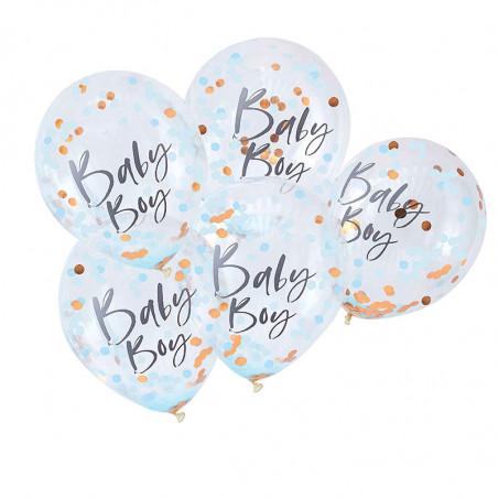 5 Ballons Confetttis Rose Gold et Bleu Baby Boy