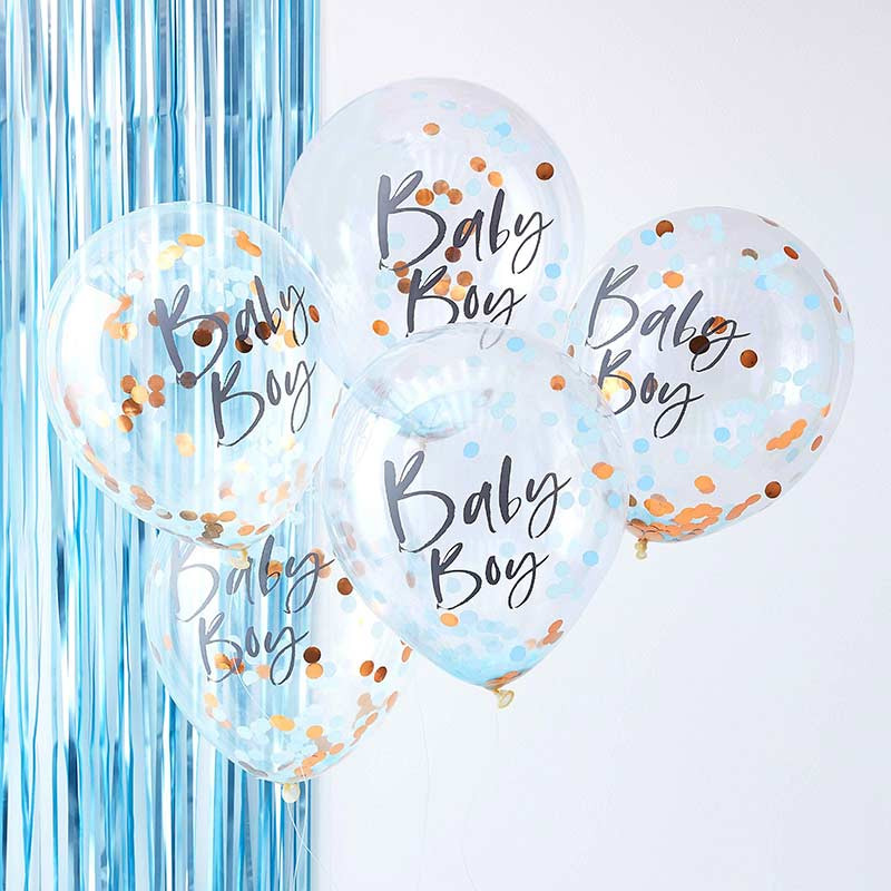 5 Ballons Confetttis Rose Gold et Bleu Baby Boy