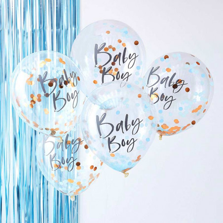 5 Ballons Confetttis Rose Gold et Bleu Baby Boy 5 Ballons Confetttis Rose Gold et Bleu Baby Boy