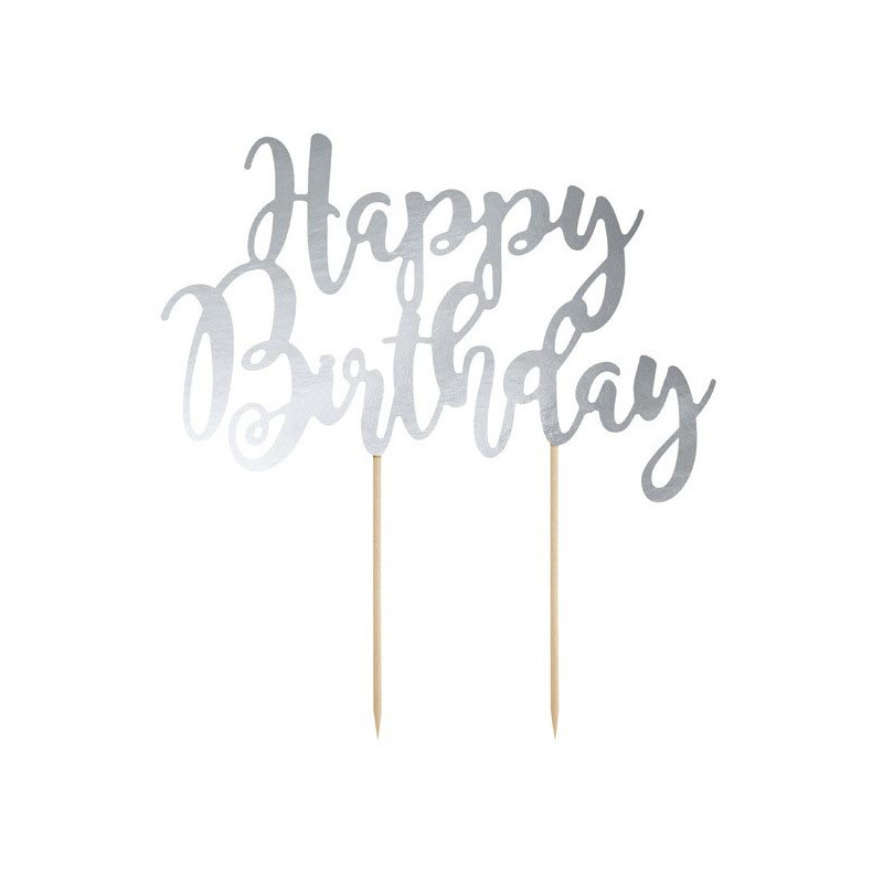 Pique pour Gateau "Happy Birthday" Argent Métallisé Fête d'Anniversaire enfant