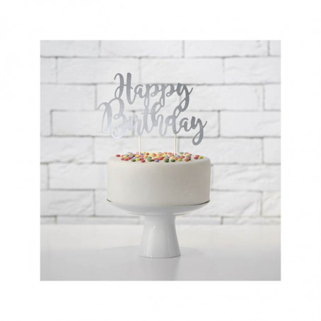 Pique pour Gateau "Happy Birthday" Argent Métallisé Fête d'Anniversaire enfant