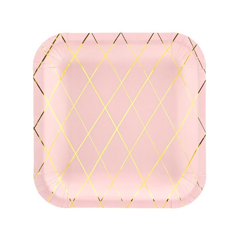 Petites Assiettes Carré Rose Pastel à Rayures Dorées