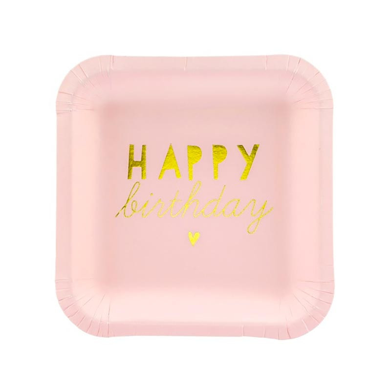Petites Assiettes Anniversaire Carré Rose Pastel Happy Birthday