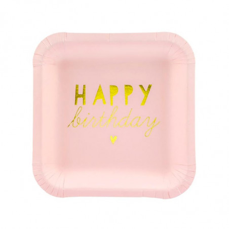 Petites Assiettes Anniversaire Carré Rose Pastel Happy Birthday