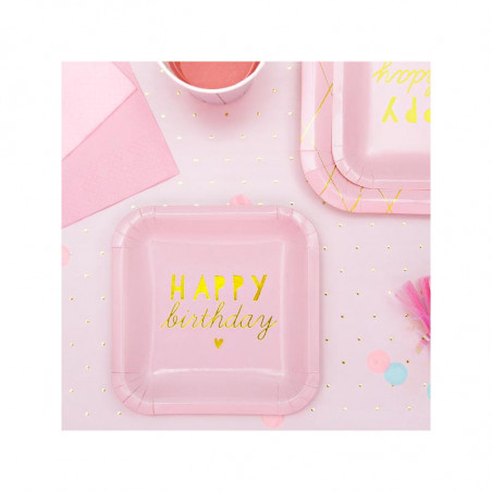 Petites Assiettes Anniversaire Carré Rose Pastel Happy Birthday