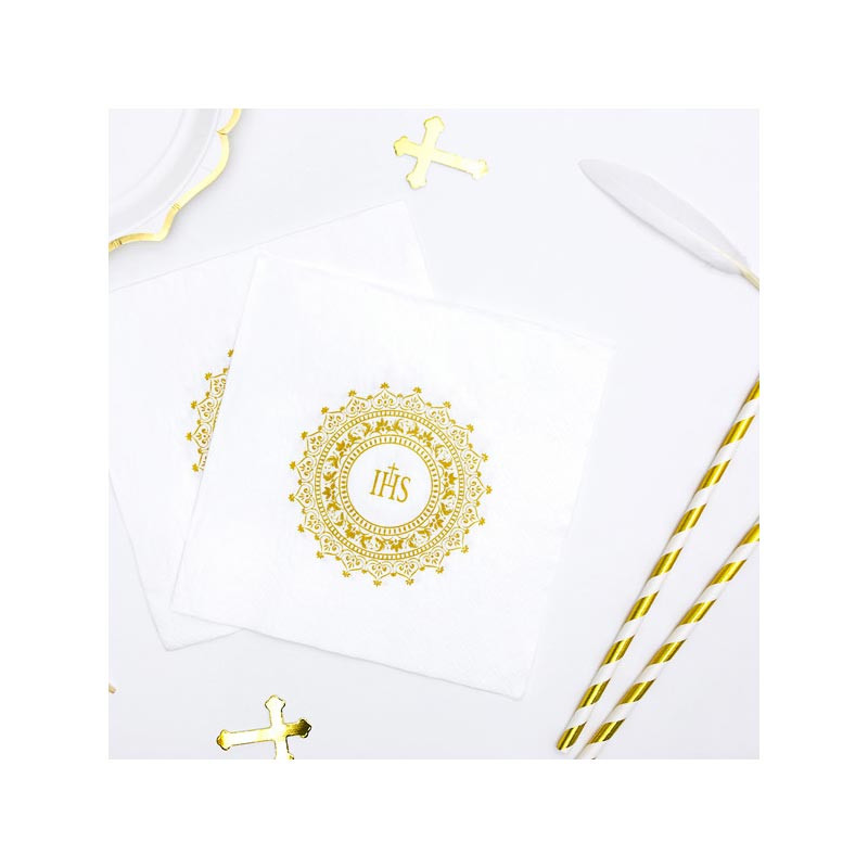Serviettes Croix IHS Blanc et Doré En Papier Fête Religieuse