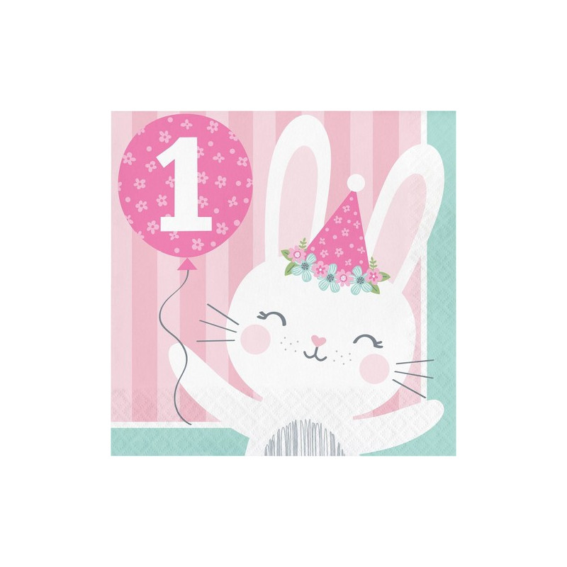 Grandes Serviettes Premier Anniversaire en Papier Lapine Rose et Mint - Fille