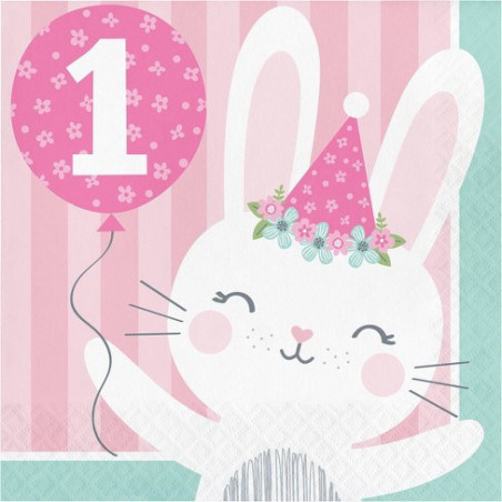 Grandes Serviettes Premier Anniversaire en Papier Lapine Rose et Mint - Fille