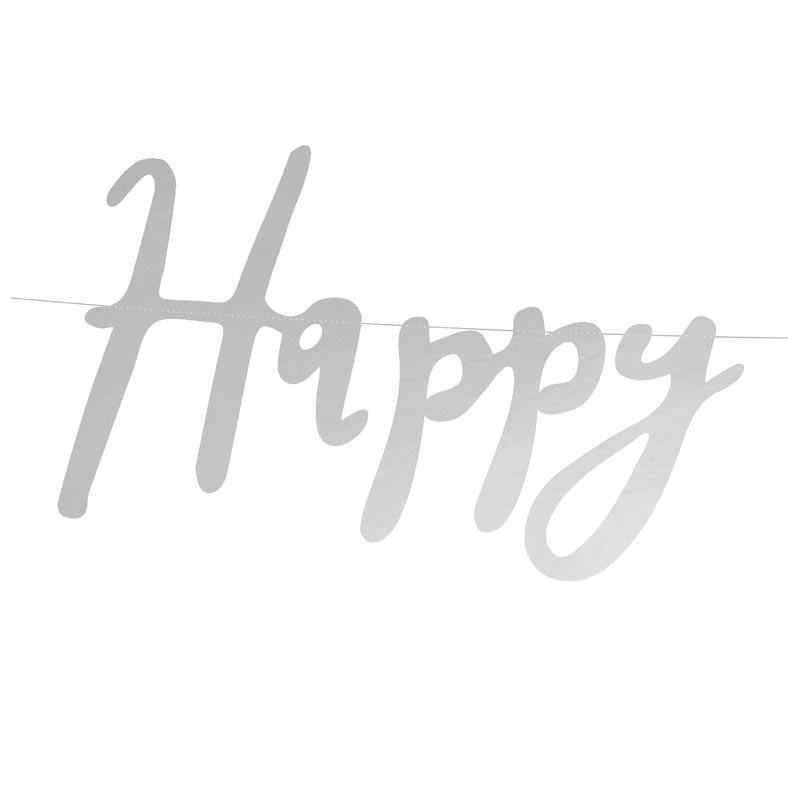 Banderole Happy Birthday Lettres Manuscrites Argent - Décoration Anniversaire
