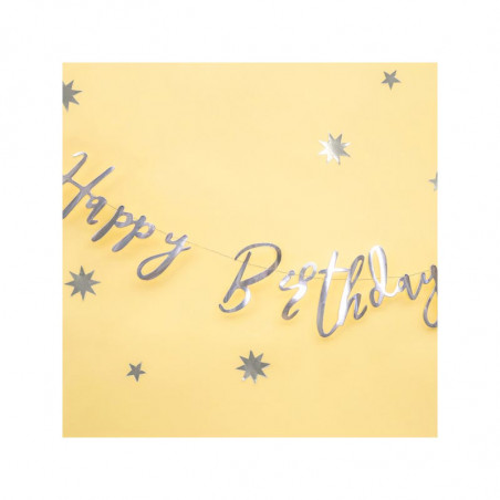 Banderole Happy Birthday Lettres Manuscrites Argent - Décoration Anniversaire