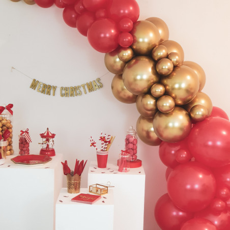 Arche de ballons organiques Noël Rouge Doré Chromé