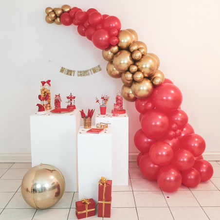 Arche de ballons organiques Noël Rouge Doré Chromé