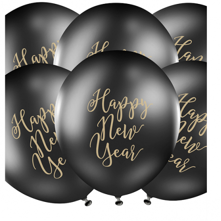 Ballons Latex Noir et Doré "Happy New Year" Nouvel An