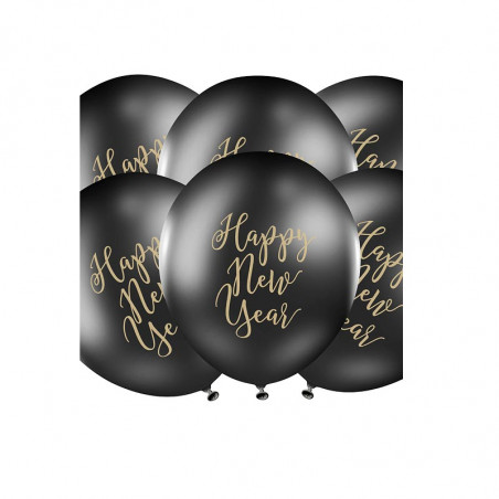 Ballons Latex Noir et Doré "Happy New Year" Nouvel An