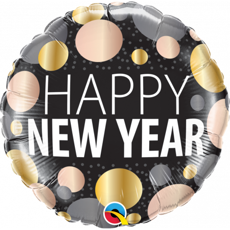 Ballon Rond "Happy New Year" Nouvel An Noir Doré Rose Gold