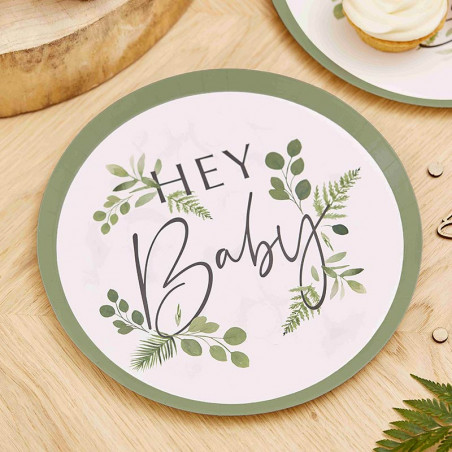 Grandes Assiettes Hey Baby - Thème Champêtre Baby Shower Eucalyptus