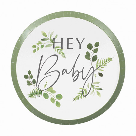 Grandes Assiettes Hey Baby - Thème Champêtre Baby Shower Eucalyptus