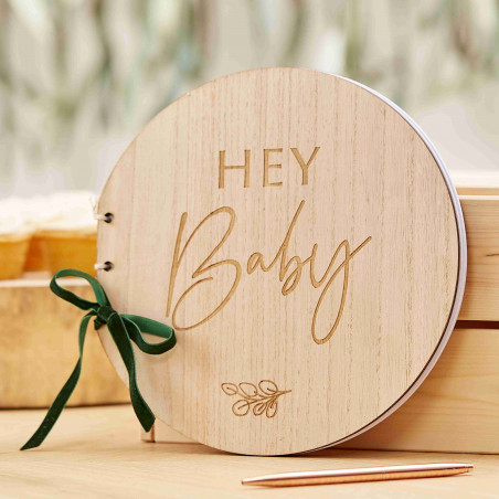 Livre d'or Hey Baby en Bois - Thème Champêtre Baby Shower Eucalyptus