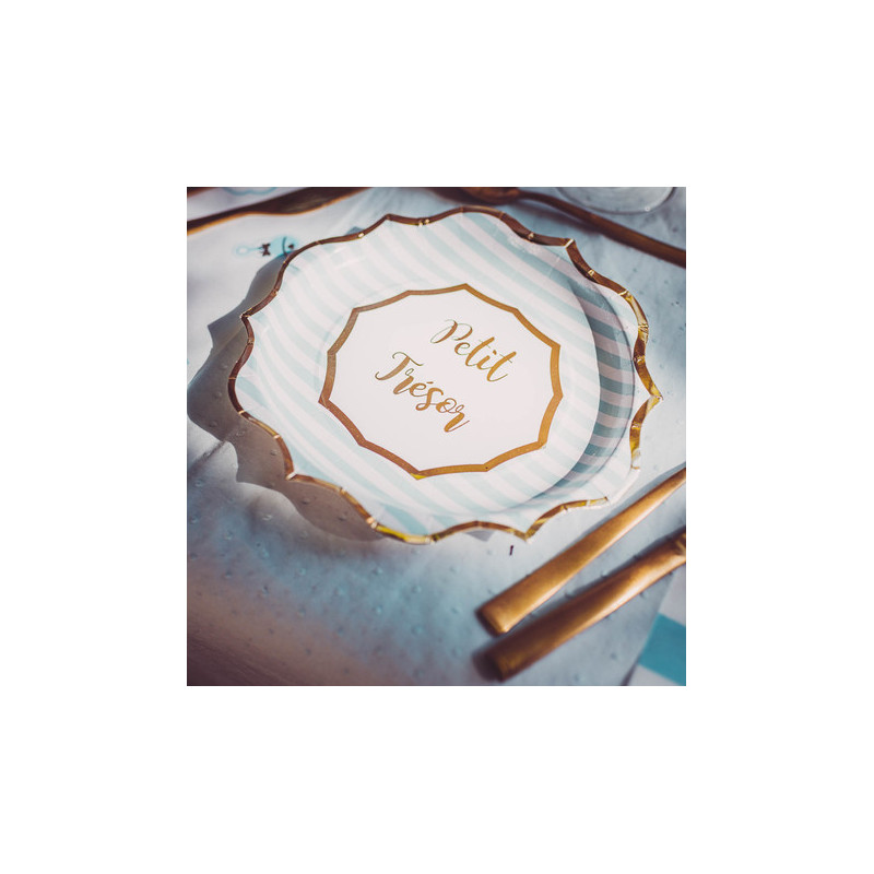 Grandes Assiettes Petit Trésor A Rayures Bleu et Doré