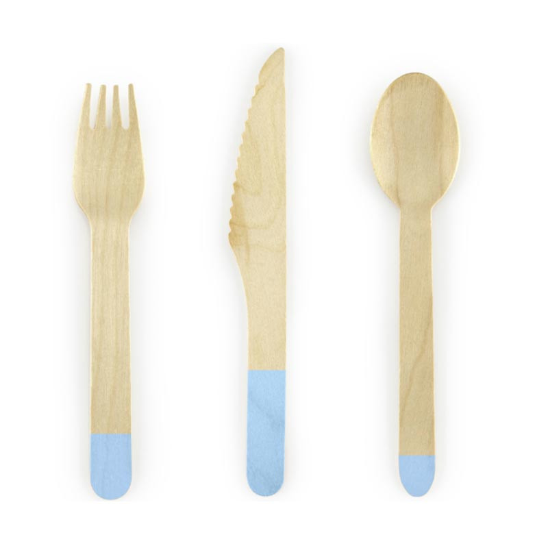 18 Couverts en Bois Bleu Pastel Vaisselle Jetable de Fête