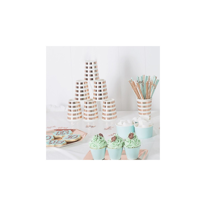 Gobelets Mint et Rose Cuivré Rayé Baby Shower Hello World