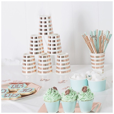 Gobelets Mint et Rose Cuivré Rayé Baby Shower Hello World