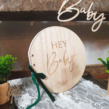 Livre d'or Hey Baby en Bois - Thème Champêtre Baby Shower Eucalyptus