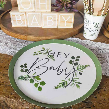 Grandes Assiettes Hey Baby - Thème Champêtre Baby Shower Eucalyptus