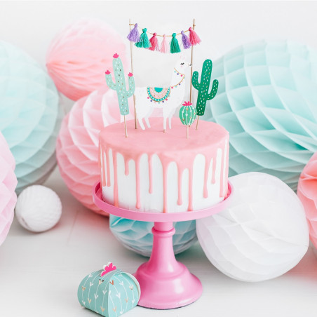 5 Piques Gâteau avec Pompons thème Lama et Cactus - Anniversaire pour enfant