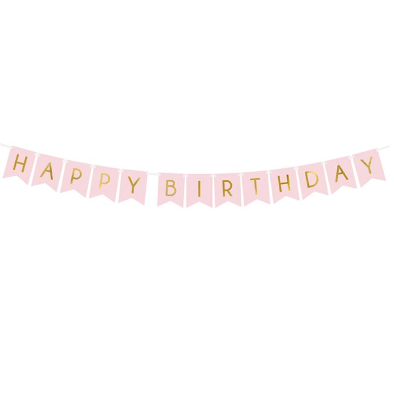 Banderole Fanions Happy Birthday - Rose Pastel et Doré Anniversaire